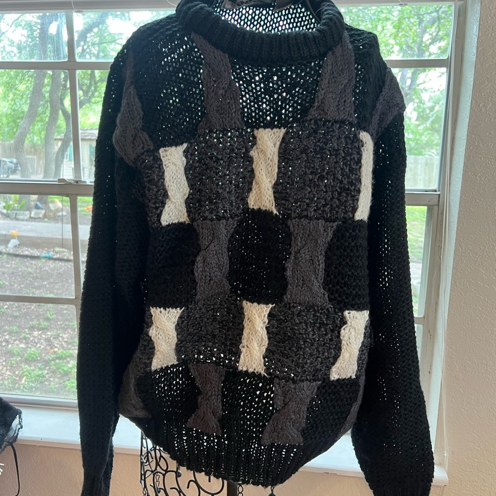 Black and Gray Cowl Neck Sweater with Geometric Patterns